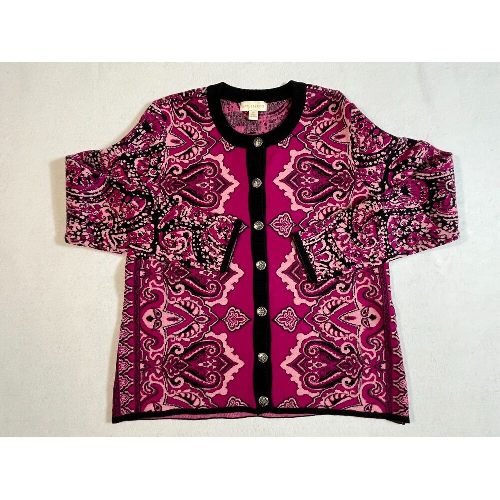 Appleseed's Maroon Black Paisley Cardigan Sweater Wool Blend Medium Button Down
